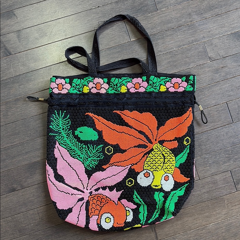 Yellow/Orange/Pink Koi Fish Candy Dot Beaded Drawstring Tote Bag